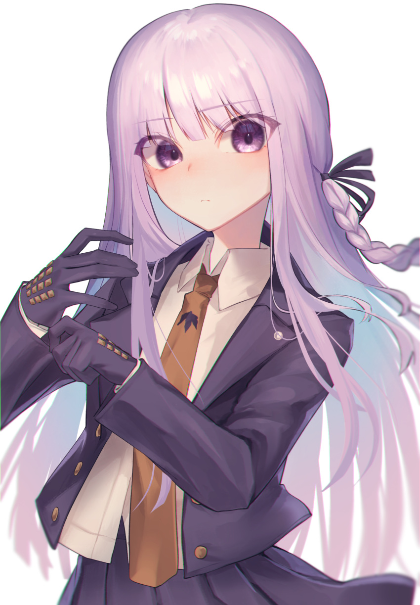 1girl, black_gloves, black_ribbon, blazer, braid, closed_mouth, danganronpa:_trigger_happy_havoc, danganronpa_(series)