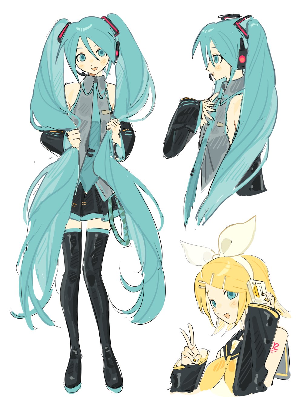 2girls, aqua_eyes, aqua_hair, aqua_necktie, black_footwear, black_skirt, black_sleeves, blonde_hair, boots, collared_shirt, commentary, detached_sleeves, english_commentary, grey_shirt, hair_ornament, hairclip, hatsune_miku, headset, highres, holding, holding_hair, kagamine_rin, long_hair, mota_(motaberrie), multiple_girls, multiple_views, necktie, open_mouth, pleated_skirt, profile, shirt, simple_background, skirt, sleeveless, sleeveless_shirt, smile, standing, thigh_boots, twintails, v, very_long_hair, vocaloid