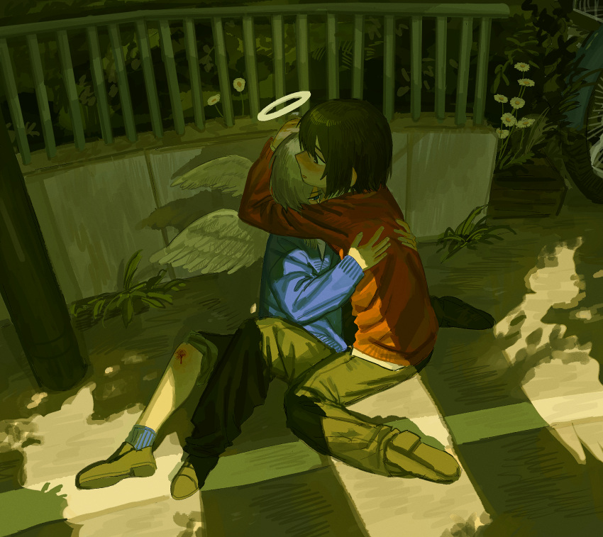 ambiguous_gender, angel_wings, black_hair, blood, blood_on_leg, blue_sweater, child, crying