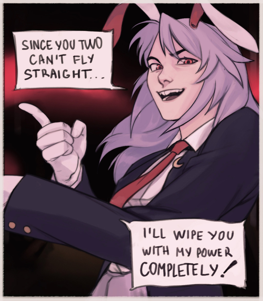 1girl, animal_ears, black_jacket, cincidious, commentary, crescent, crescent_pin, english_commentary, english_text, gloves, highres, jacket, necktie, open_mouth, purple_hair, rabbit_ears, red_eyes, red_necktie, reisen_udongein_inaba, smile, solo, touhou, upper_body, white_gloves