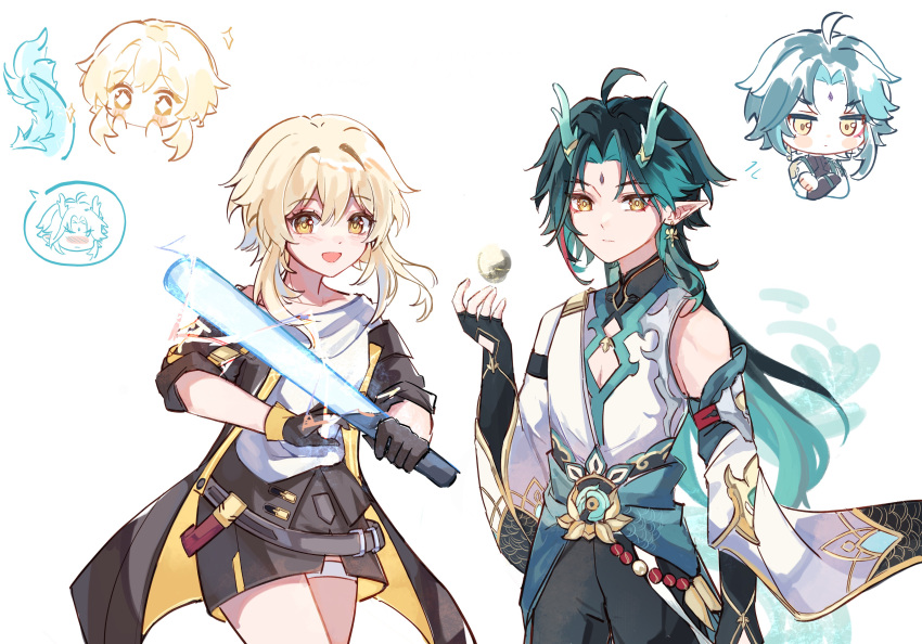 1boy, 1girl, absurdres, black_hair, blonde_hair, brown_jacket, brown_skirt, cassiopeia19