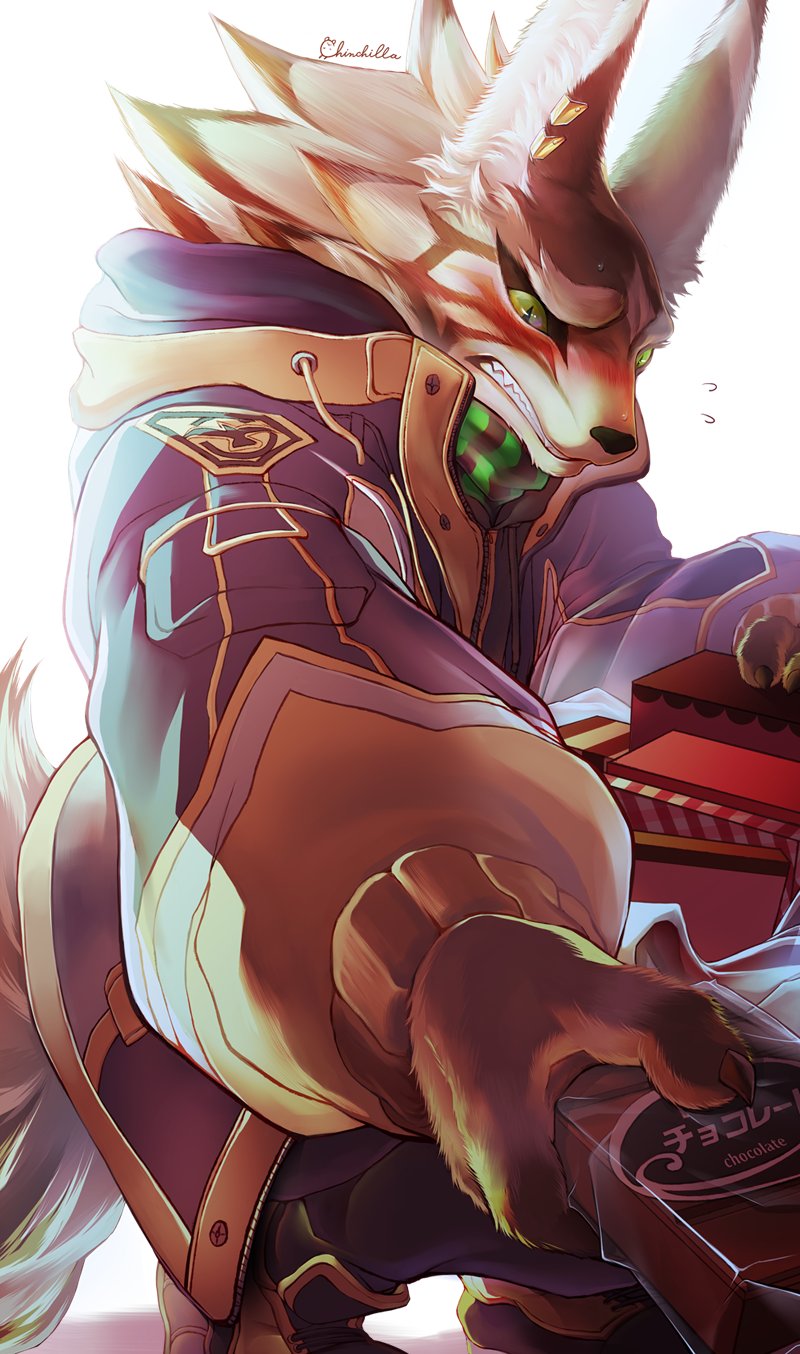 1boy, animal_ears, black_sclera, blush, box, chillasan, chocolate, clenched_teeth