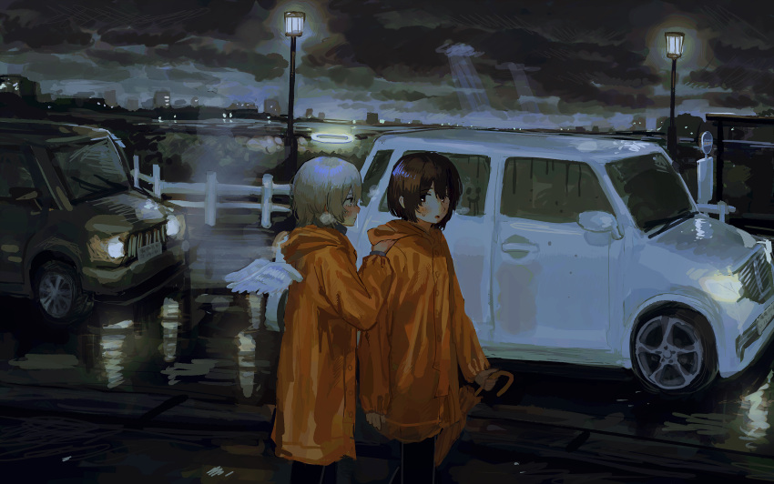 ambiguous_gender, angel, angel_wings, black_hair, black_pants, car, child, cityscape