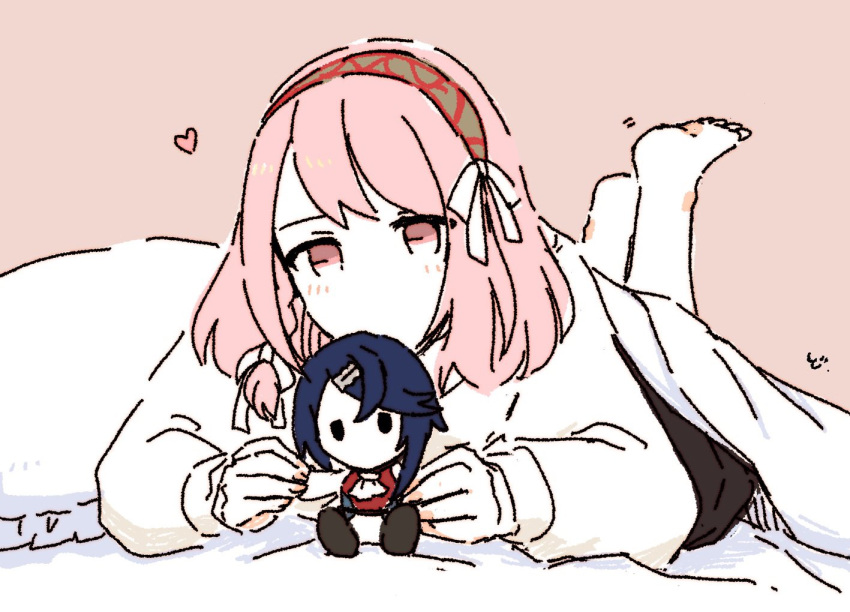 1girl, alcryst_(fire_emblem), barefoot, bed, doll, dolly_deer, fire_emblem, fire_emblem_engage