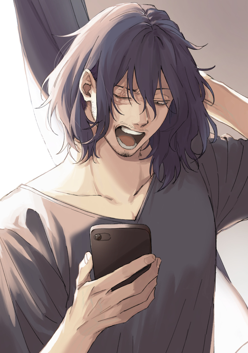 1boy, bags_under_eyes, black_hair, black_shirt, boku_no_hero_academia, cellphone, collarbone, curtains