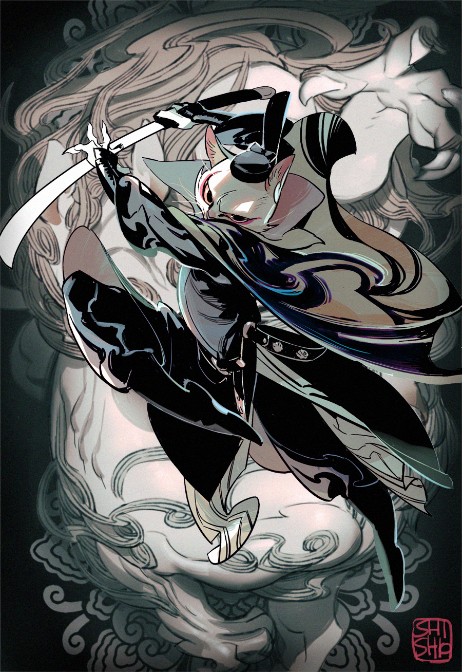 aiming, aiming_at_viewer, animal, animal_ear_fluff, animal_focus, arm_guards, belt, bing_li