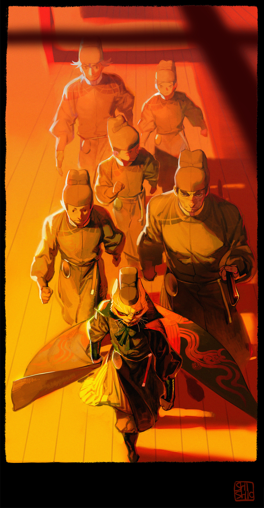 5boys, alibaba_(da_li_si_rizhi), bao_sun, bei_cui, bing_li, black_headwear, black_robe, blurry