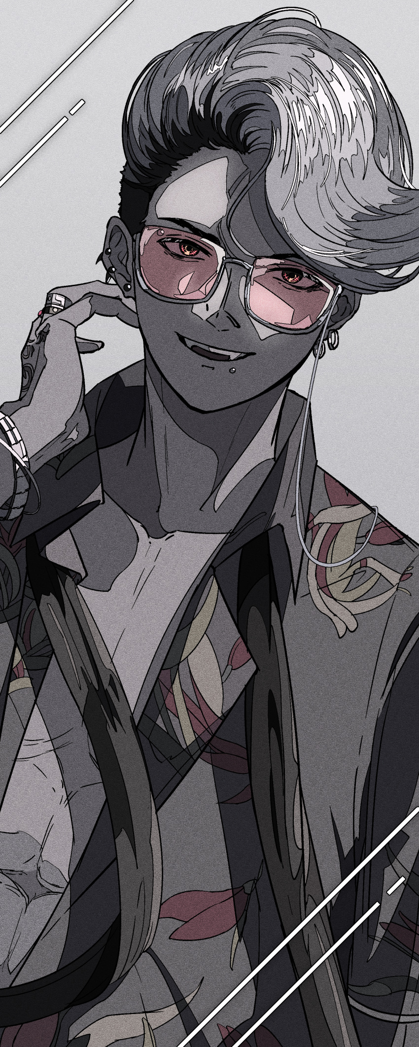 1boy, absurdres, bracelet, commentary, ear_piercing, earrings, grey_background, grey_hair