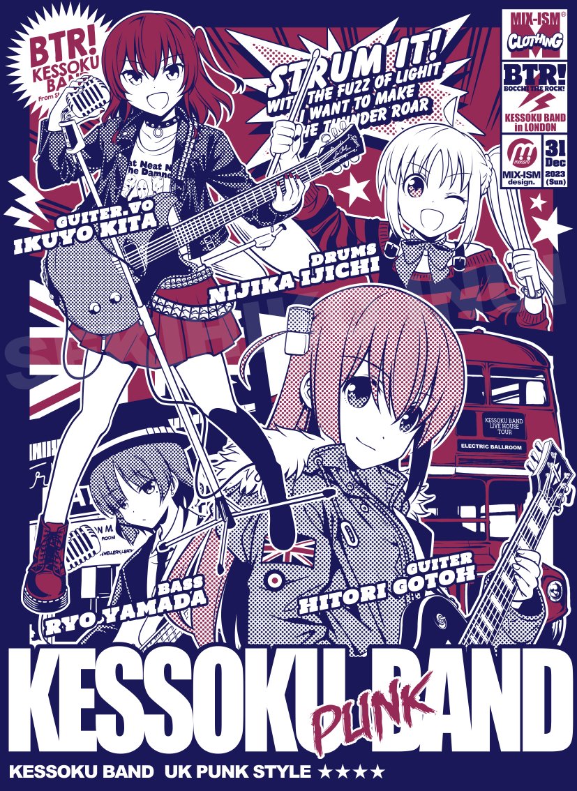 4girls, :d, ahoge, band, bass_guitar, black_choker, black_nails, black_necktie
