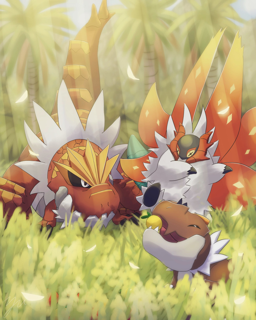 ^_^, absurdres, animal_focus, black_sclera, blurry, blurry_foreground, closed_eyes, colored_sclera, colored_skin, cross-shaped_pupils, fangs, forest, grass, highres, nature, no_humans, pokemon, pokemon_(creature), red_skin, slither_wing, sunlight, symbol-shaped_pupils, tail, tree, tyrantrum, tyrunt, white_eyes, white_fur, yellow_sclera, yu_(pocketsun636)