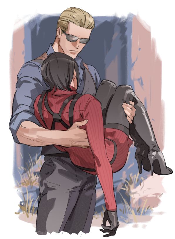 1boy, 1girl, ada_wong, albert_wesker, black_gloves, black_hair, black_pantyhose, blonde_hair