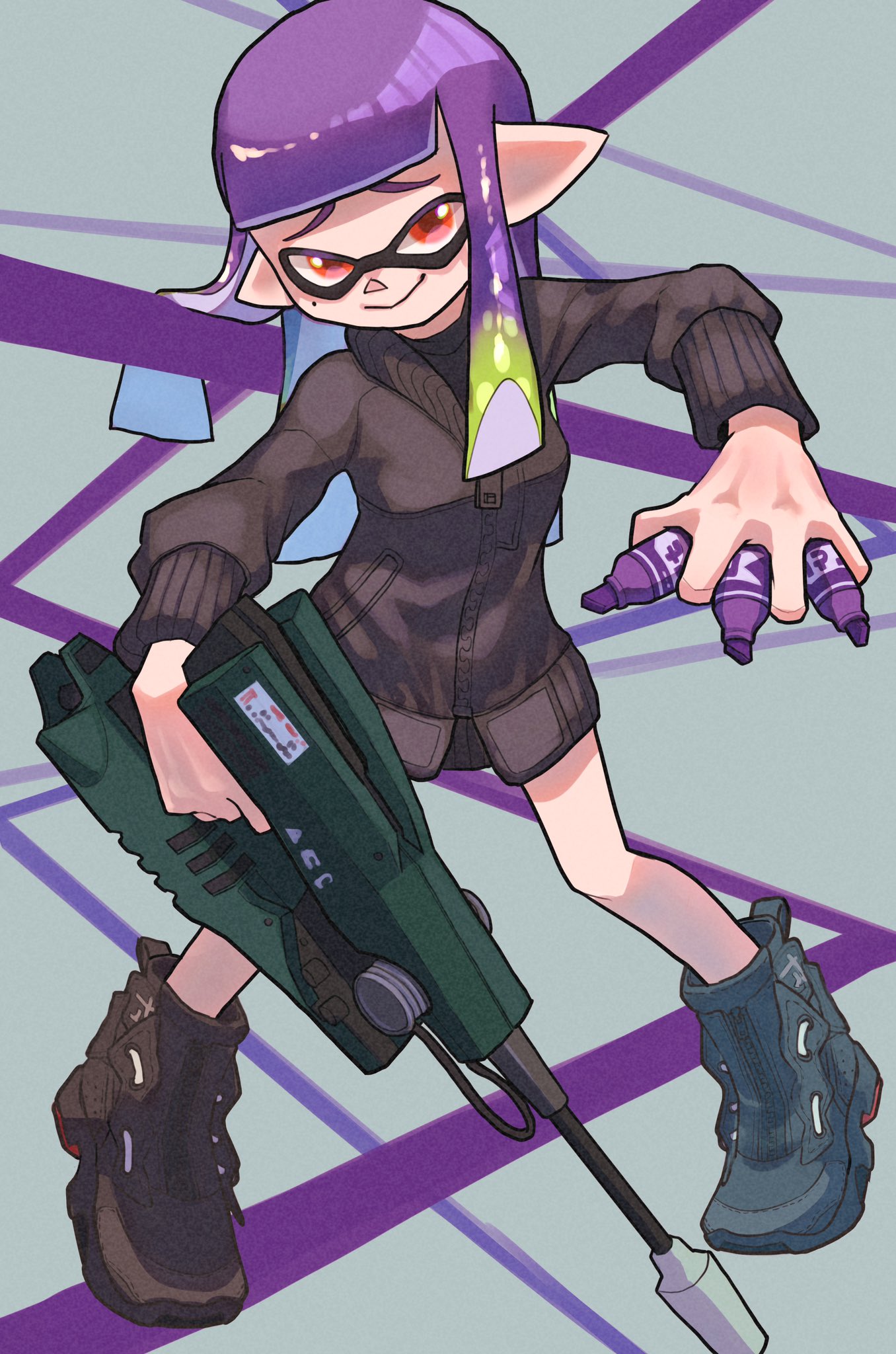 1girl, angle_shooter_(splatoon), black_footwear, black_sweater, breasts, commentary_request, gradient_hair, green_hair, grey_background, gun, highres, holding, holding_gun, holding_pen, holding_weapon, inkling, inkling_girl, jet_squelcher_(splatoon), long_hair, multicolored_hair, nastar_r0, pen, pointy_ears, purple_hair, red_eyes, shoes, smile, smug, solo, splatoon_(series), splatoon_3, sweater, two-tone_hair, weapon