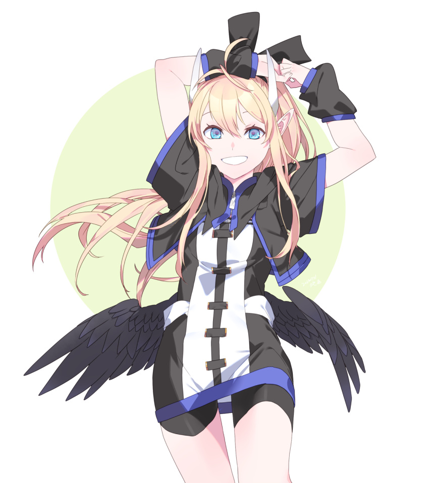1girl, arm_warmers, arms_behind_head, arms_up, black_wings, blonde_hair, blue_eyes, character_request