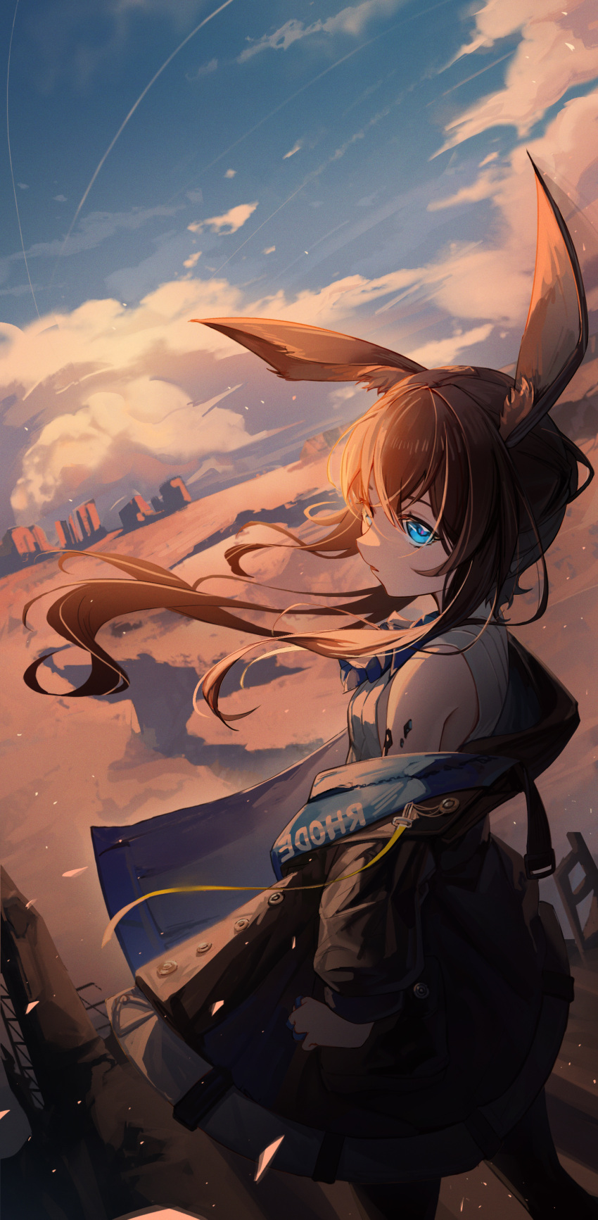 1girl, absurdres, amiya_(arknights), animal_ears, arknights, ascot, bare_shoulders, black_jacket