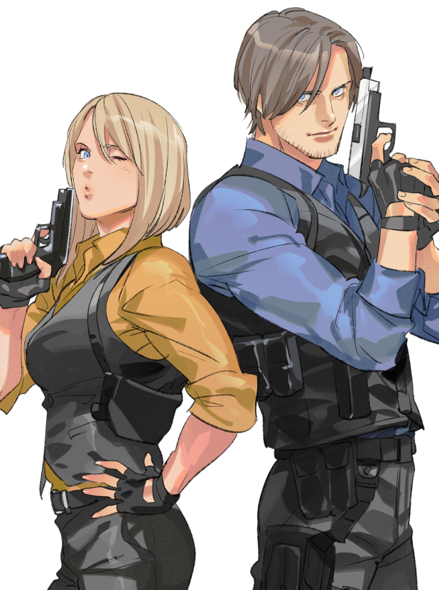 1boy, 1girl, aged_up, alternate_universe, ashley_graham, blonde_hair, blue_eyes, breasts, brown_hair, bulletproof_vest, commentary_request, facial_hair, finger_on_trigger, fingerless_gloves, gloves, goatee, gun, hand_on_own_hip, handgun, holding, holding_gun, holding_weapon, holster, leon_s._kennedy, medium_breasts, medium_hair, pouch, puckered_lips, resident_evil, resident_evil_4, resident_evil_4_(remake), tatsumi_(psmhbpiuczn), weapon