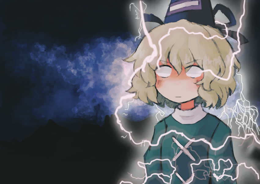 1girl, absurdres, black_headwear, blank_eyes, blonde_hair, closed_mouth, commentary, dress