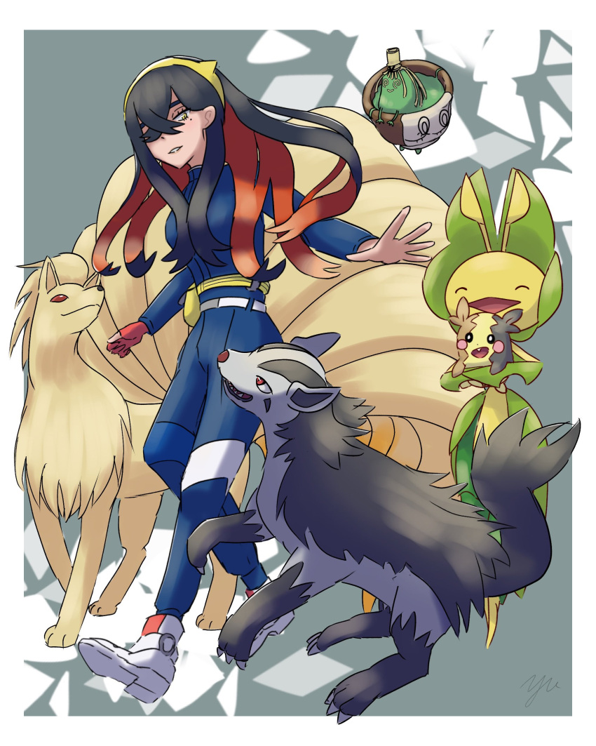 1girl, :d, absurdres, black_eyes, black_fur, black_hair, border, carmine_(pokemon)