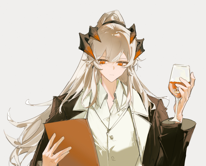 1girl, arknights, black_jacket, cup, dragon_girl, dragon_horns, dress_shirt, earrings