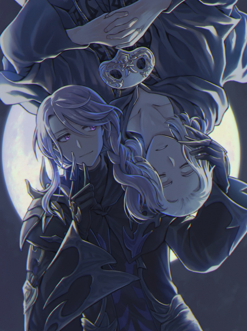 2boys, alternate_costume, alternate_universe, backlighting, black_capelet, black_gloves, black_robe, braid, capelet, claw_ring, closed_eyes, collarbone, commentary, dutch_angle, emet-selch, english_commentary, facing_viewer, final_fantasy, final_fantasy_xiv, full_moon, gloves, hand_on_another's_head, hands_on_own_chest, highres, hood, hood_down, hooded_capelet, huge_moon, hythlodaeus, interlocked_fingers, long_sleeves, looking_at_another, looking_to_the_side, male_focus, mask, mask_around_neck, medium_hair, moon, multiple_boys, night, own_hands_together, parted_lips, purple_hair, radoge14, robe, rotational_symmetry, short_hair, side_braid, sideways_glance, single_braid, smile, swept_bangs, turtleneck, unworn_mask, upper_body, violet_eyes, white_hair, wide_sleeves
