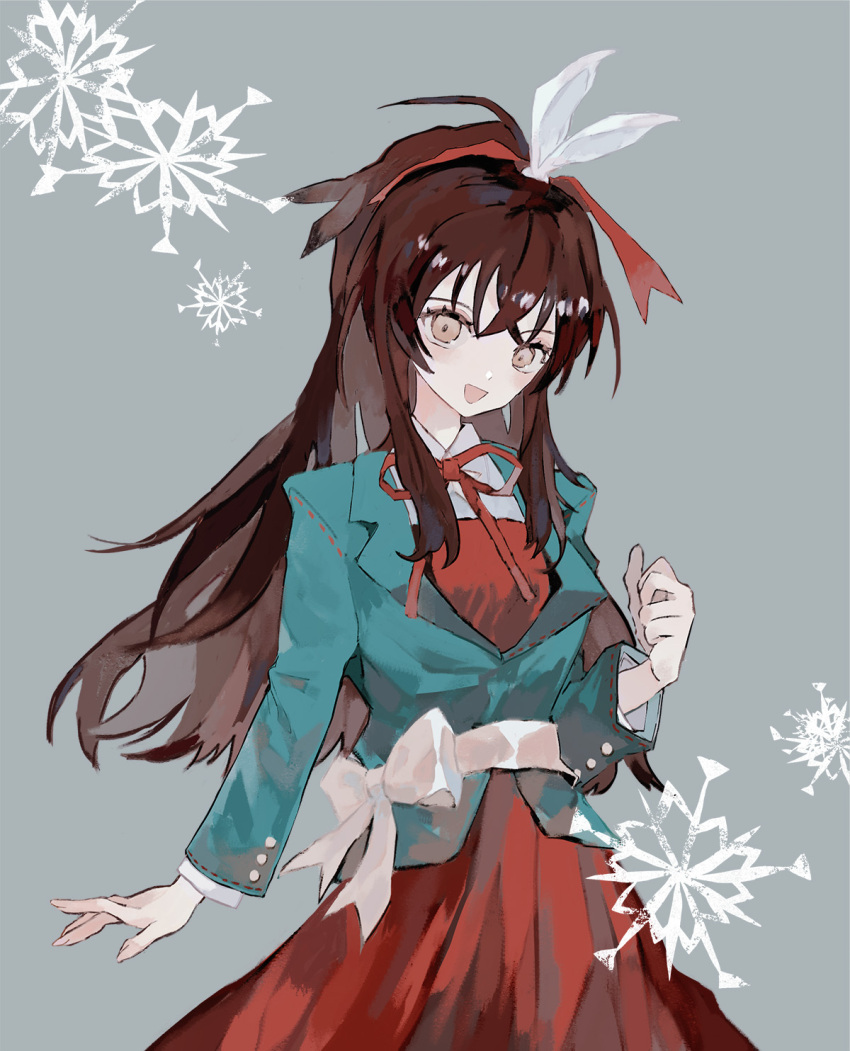 1girl, arknights, bow, brown_hair, cowboy_shot, dress, green_jacket, grey_background