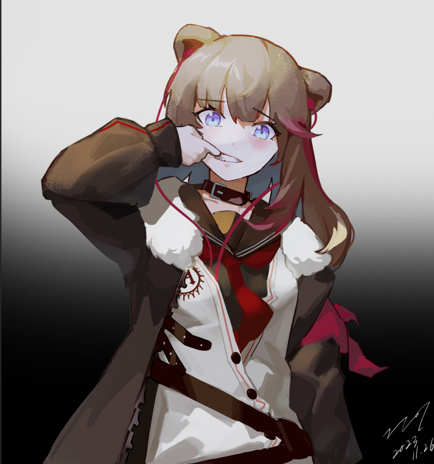 1girl, animal_ears, arknights, bear_ears, blue_eyes, blush, brown_collar, brown_hair