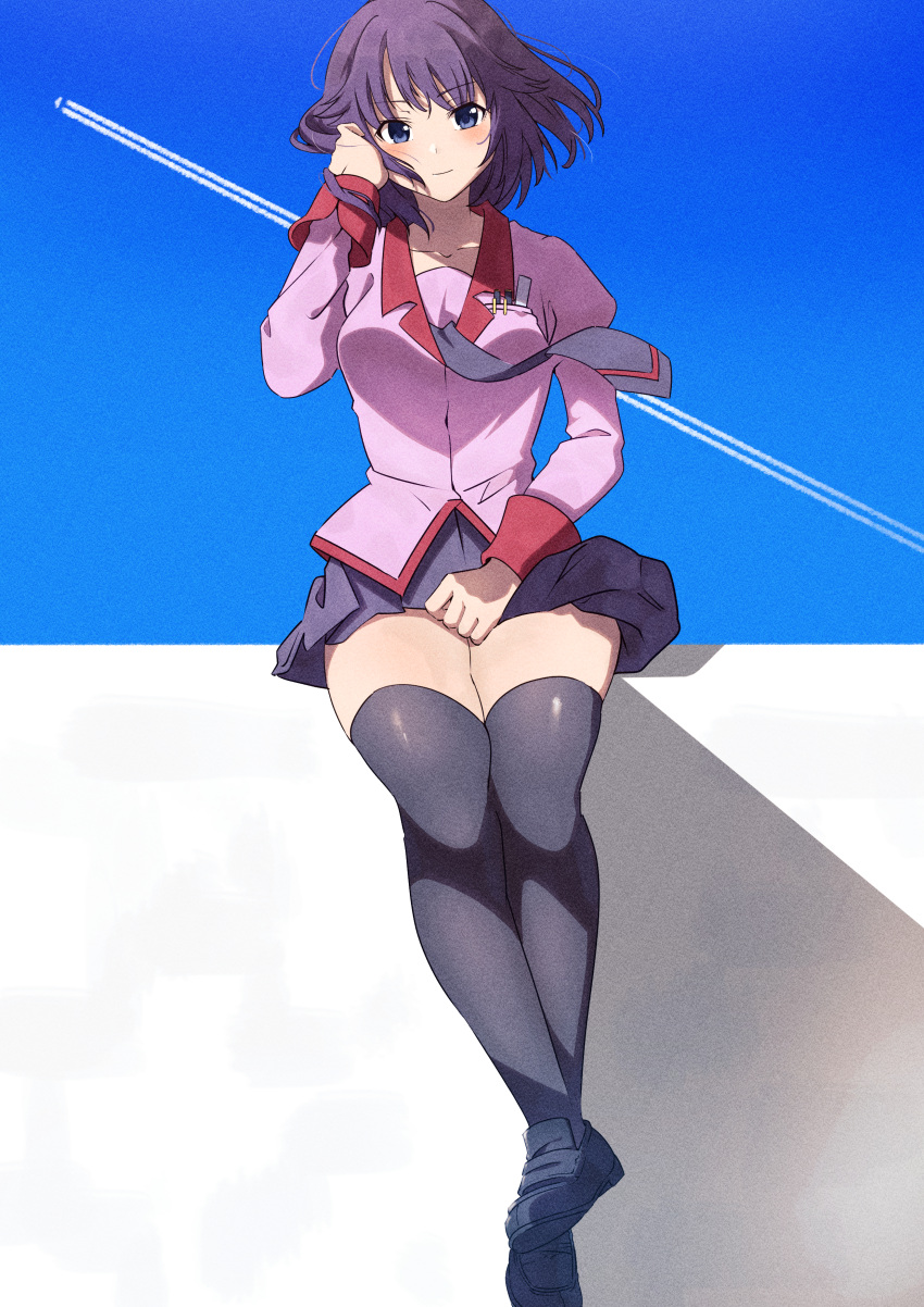 1girl, absurdres, black_thighhighs, blue_sky, blush, breasts, contrail, cruzango0510