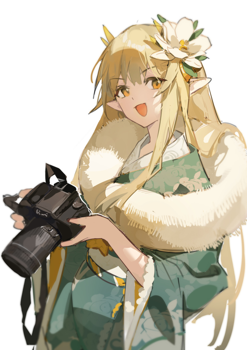 1girl, :d, absurdres, arknights, blonde_hair, camera, feather_boa, flower