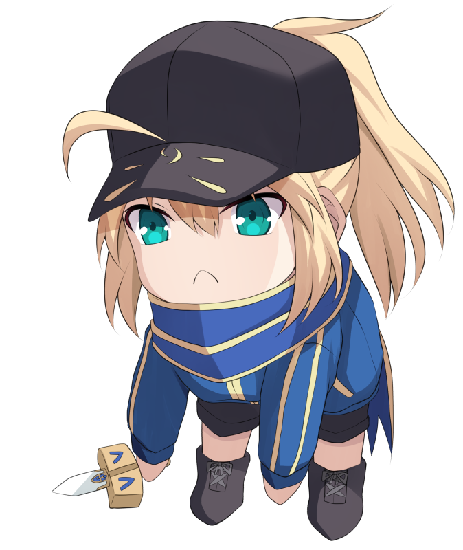 1girl, ahoge, artoria_pendragon_(fate), baseball_cap, black_headwear, black_shorts, blonde_hair, blue_jacket