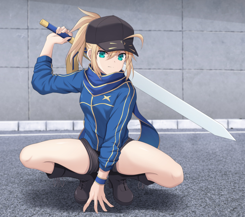 1girl, ahoge, artoria_pendragon_(fate), baseball_cap, black_headwear, black_shorts, blonde_hair, blue_jacket, blue_scarf, closed_mouth, cross_(crossryou), excalibur_(fate/stay_night), fate/grand_order, fate_(series), full_body, green_eyes, hair_between_eyes, hair_through_headwear, hand_on_floor, hand_on_ground, hat, highres, himitsucalibur_(fate), holding, jacket, long_hair, looking_at_viewer, mysterious_heroine_x_(fate), on_floor, ponytail, scarf, shoes, shorts, solo, spread_legs, squatting, sword, tiptoes, track_jacket, weapon
