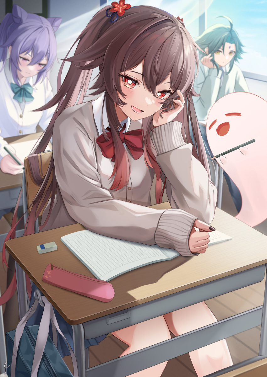 1boy, 2girls, absurdres, alternate_costume, black_nails, boo_tao_(genshin_impact), bow, bowtie