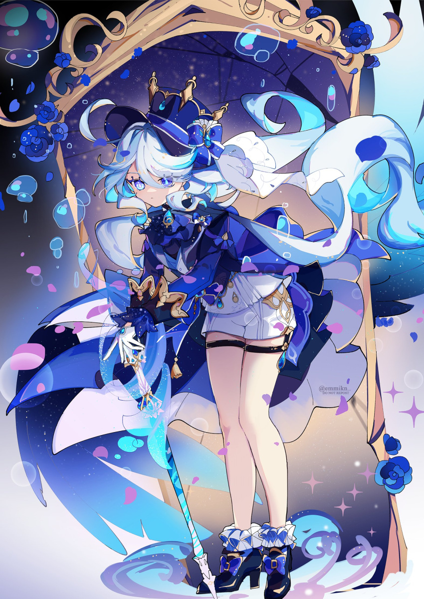 1girl, ahoge, air_bubble, artist_name, ascot, asymmetrical_gloves, black_footwear, black_gloves, blue_ascot, blue_bow, blue_brooch, blue_eyes, blue_flower, blue_headwear, blue_jacket, bow, broken_mirror, bubble, cane, closed_mouth, emmikn, expressionless, flower, full_body, furina_(genshin_impact), genshin_impact, gloves, hair_between_eyes, hat, heterochromia, highres, holding, holding_cane, jacket, legs, long_hair, mirror, mismatched_gloves, multicolored_hair, shorts, sidelocks, socks, solo, standing, streaked_hair, top_hat, two-tone_hair, white_shorts, white_socks