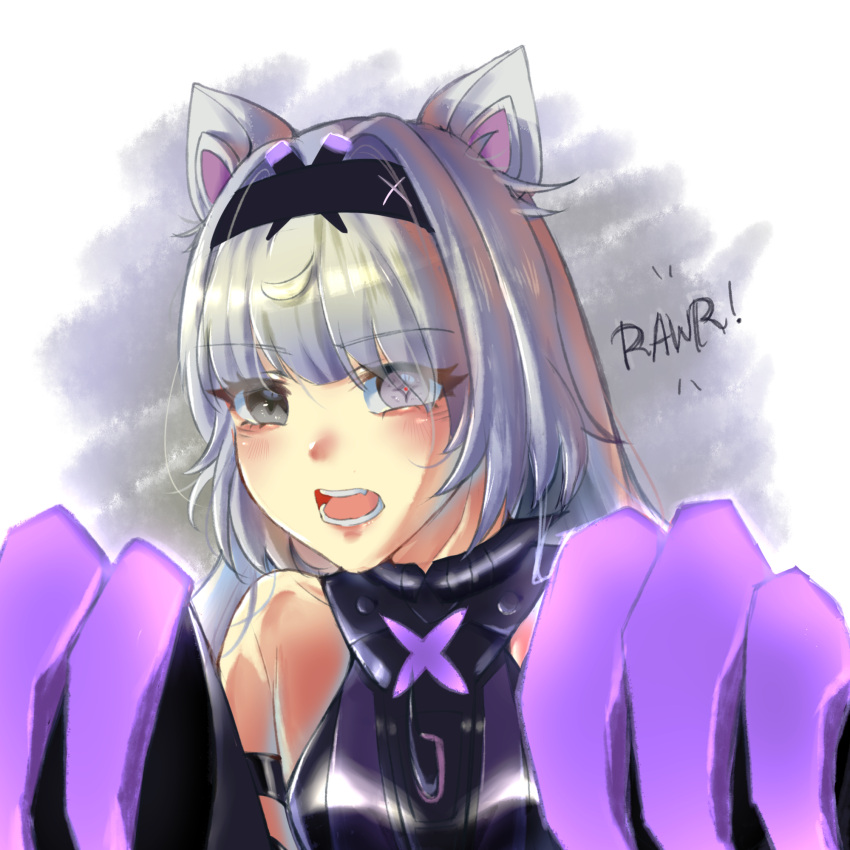 1girl, animal_ears, bare_shoulders, black_dress, black_hairband, claw_(weapon), cross-shaped_pupils, dress, gao, grey_eyes, grey_hair, hair_intakes, hairband, heterochromia, highres, ismihana, long_sleeves, mechanical_ears, mismatched_pupils, no.21:_feral_scent_(punishing:_gray_raven), no.21_(punishing:_gray_raven), open_mouth, punishing:_gray_raven, red_pupils, sidelocks, solo, symbol-shaped_pupils, weapon, wolf_ears
