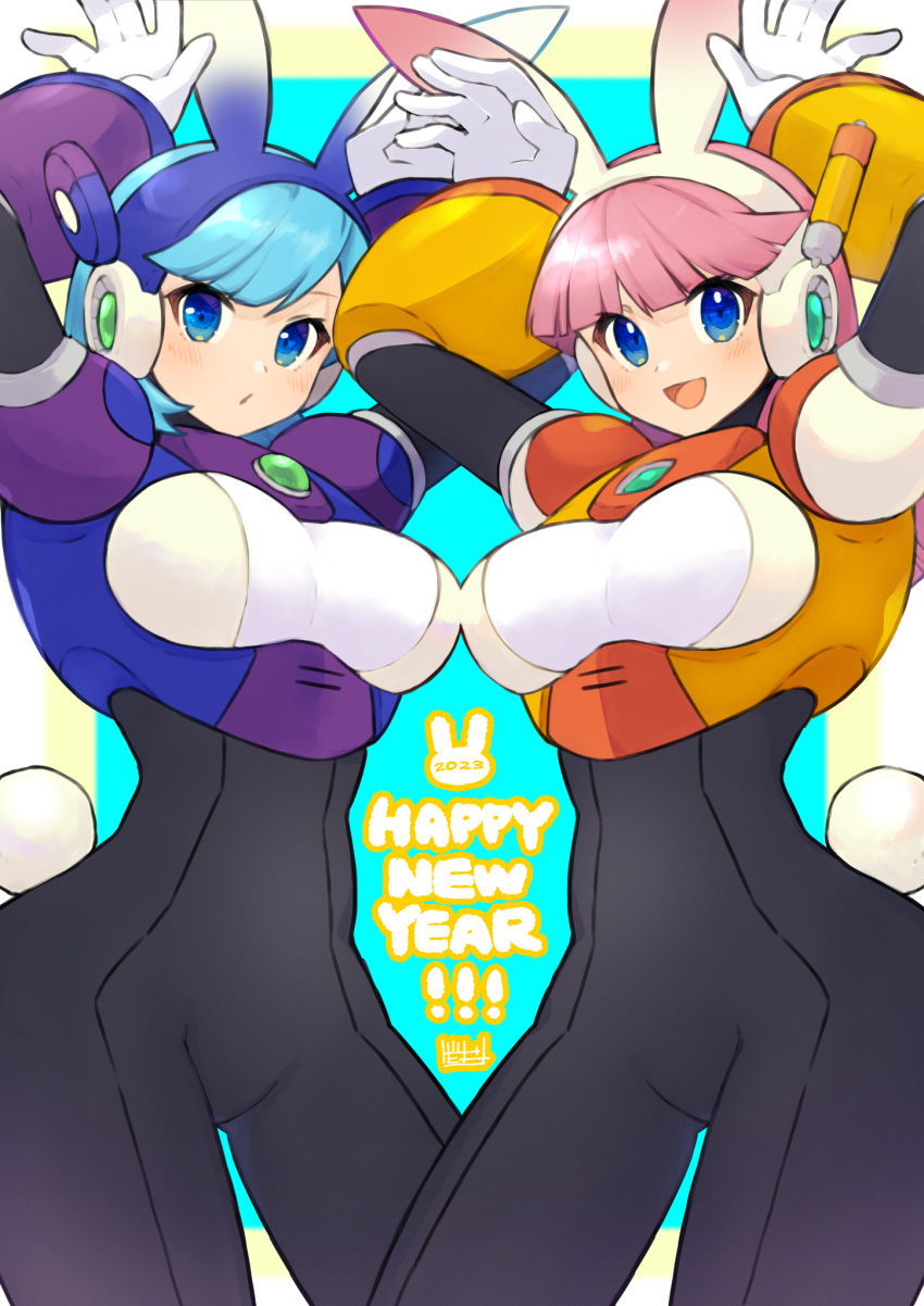2girls, blue_eyes, blue_hair, blush, breasts, character_request, chinese_zodiac, closed_mouth, happy_new_year, highres, large_breasts, looking_at_viewer, mega_man:_maverick_hunter_x, mega_man_(series), mega_man_x_(series), multiple_girls, navigator_(mega_man), open_mouth, pink_hair, robot_girl, short_hair, smile, swept_bangs, tobitori, year_of_the_rabbit