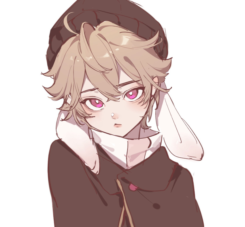 1boy, animal_ears, blonde_hair, character_request, coat, copyright_request, cream_background, doupu41