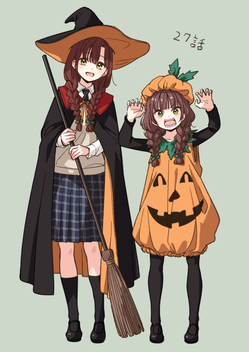 2girls, black_footwear, black_pantyhose, black_socks, blunt_bangs, blush, braid, brown_hair