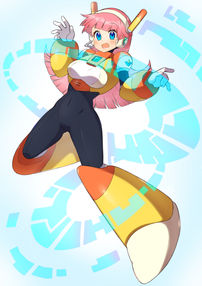 1girl, blue_eyes, blunt_bangs, breasts, full_body, highres, large_breasts, long_hair, looking_at_viewer, mega_man:_maverick_hunter_x, mega_man_(series), mega_man_x_(series), navigator_(mega_man), open_mouth, pink_hair, robot_girl, solo, tobitori