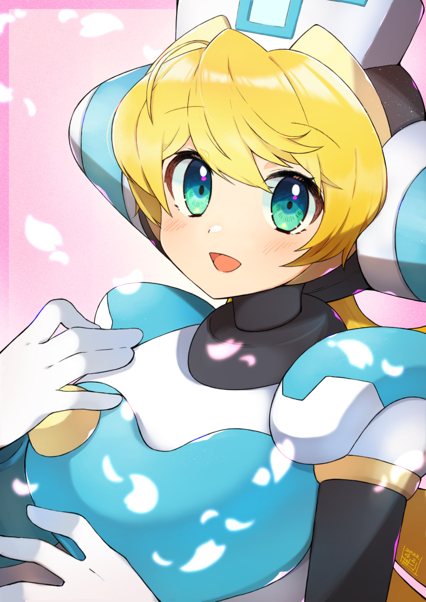 1girl, blonde_hair, blush, cinnamon_(mega_man), green_eyes, highres, long_hair, looking_at_viewer