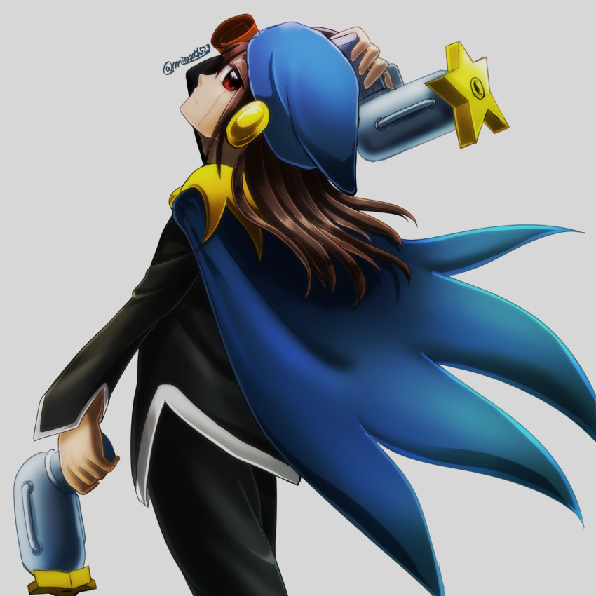 artist_name, black_pants, black_shirt, blue_cape, blue_headwear, brown_hair, cape, dual_wielding