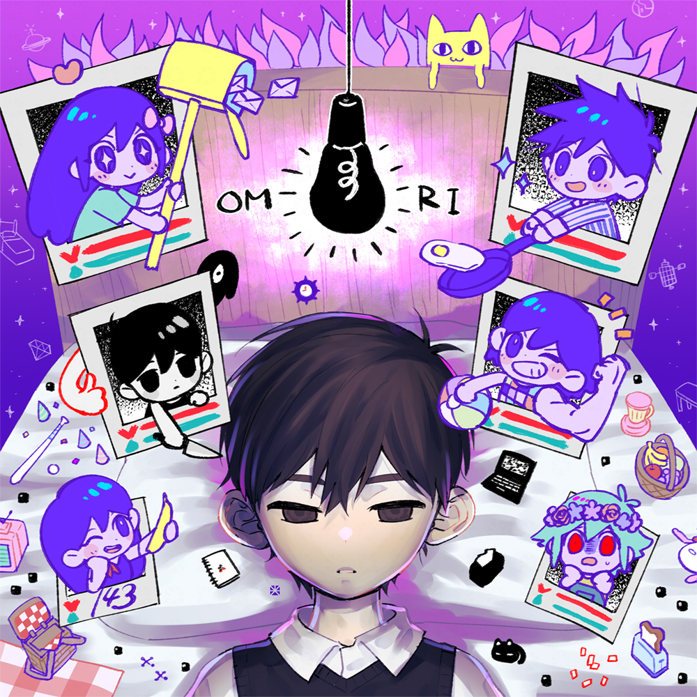 2girls, 5boys, apple, aubrey_(headspace)_(omori), aubrey_(omori), ball, banana, baseball_bat