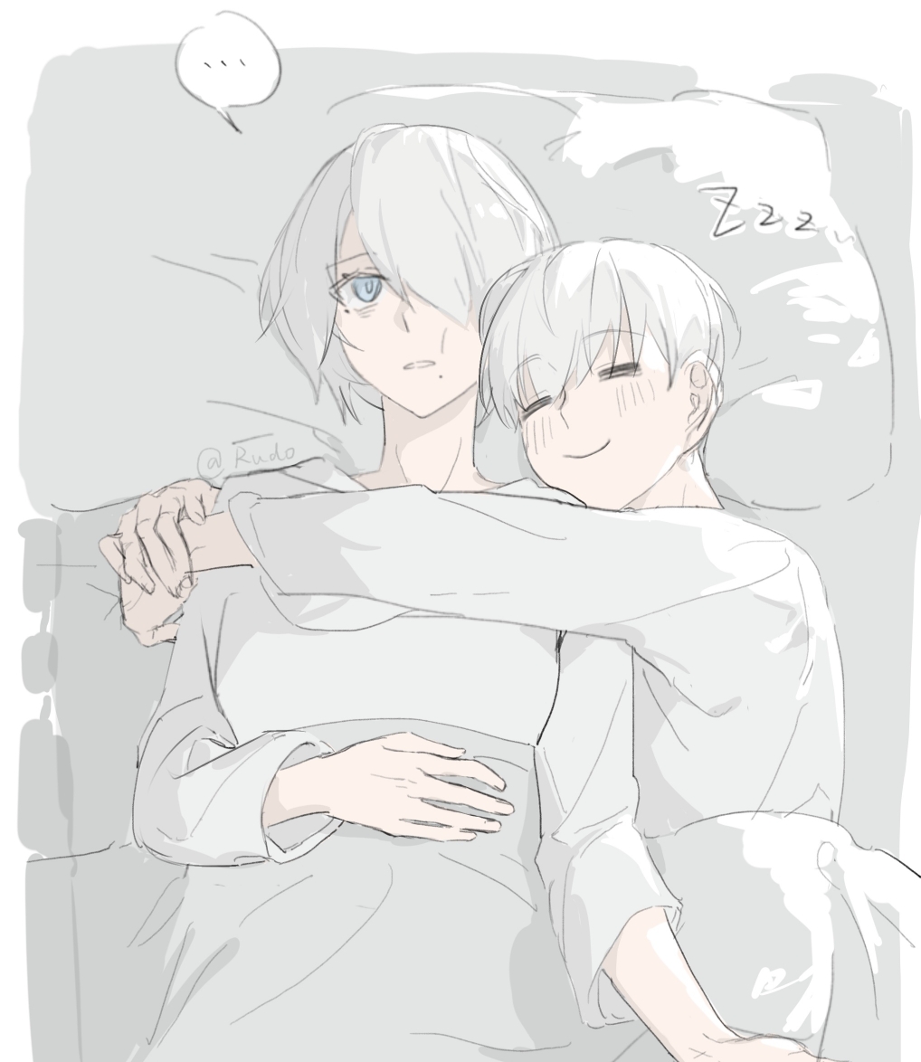 ..., 1boy, 1girl, 2b_(nier:automata), 9s_(nier:automata), blue_eyes, closed_eyes, couple, hair_over_one_eye, hetero, nier:automata, nier_(series), pajamas, shirt, short_hair, sleeping, smile, user_zucd2557, white_hair, white_shirt, zzz