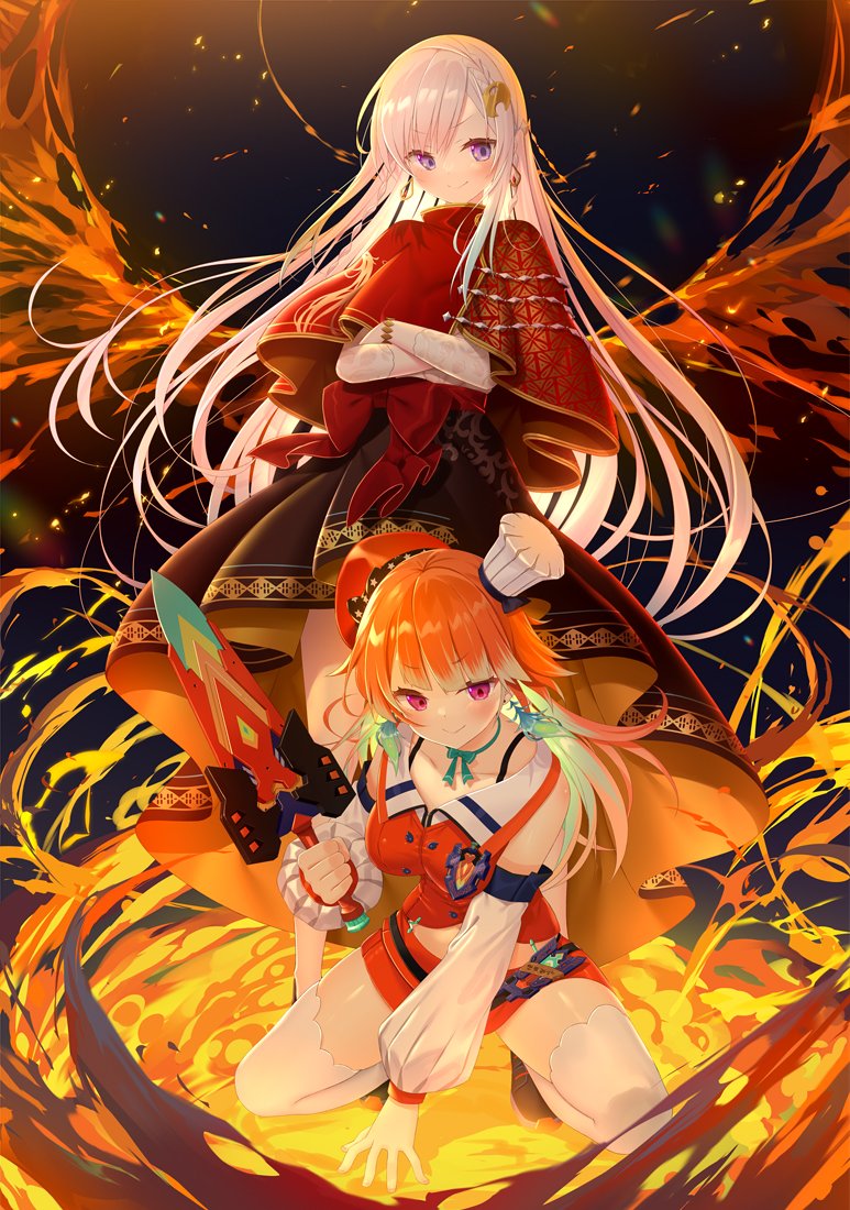 2girls, airani_iofifteen, airani_iofifteen_(2nd_costume), beret, bow_choker, choker, crossed_arms, detached_sleeves