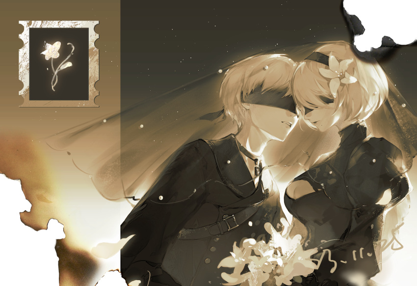 1boy, 1girl, 2b_(nier:automata), 9s_(nier:automata), absurdres, black_blindfold, black_coat, black_dress, black_hairband, blindfold, coat, couple, dress, hairband, hetero, highres, lunar_tear, nier:automata, nier_(series), postcard_(medium), rec.07, short_hair, upper_body, white_hair