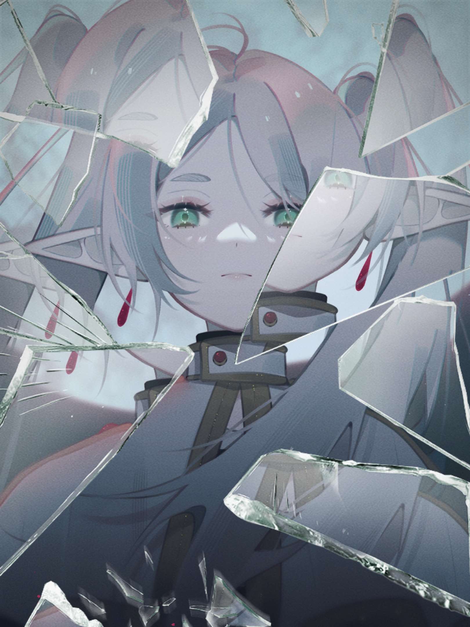 1girl, app_filter, capelet, closed_mouth, earrings, expressionless, frieren, glass_shards