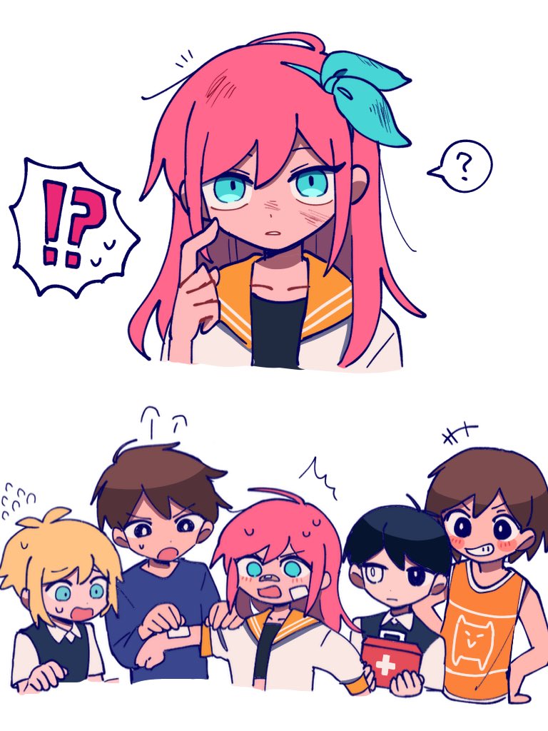 !?, 1girl, 4boys, ?, aubrey_(faraway)_(omori), aubrey_(omori), bandaid, bandaid_on_face