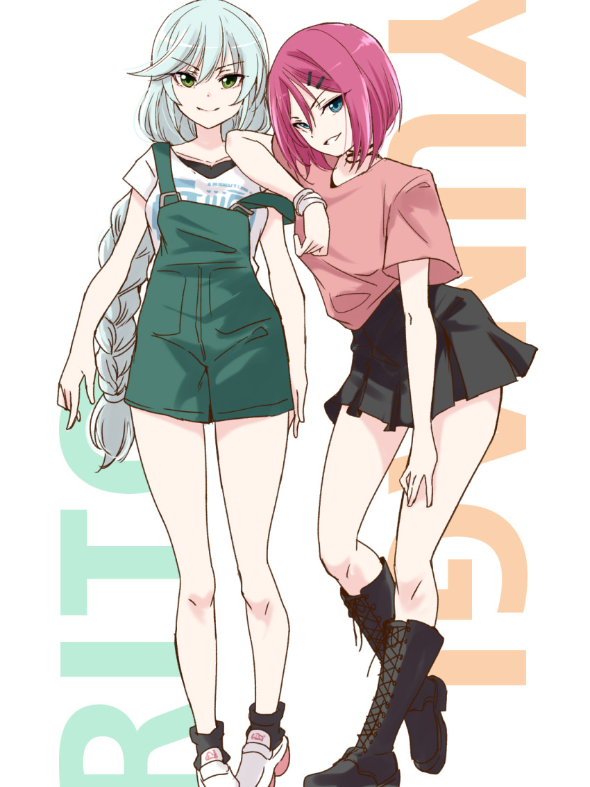 >:), 2girls, aqua_hair, arms_at_sides, assault_lily, black_choker, black_skirt, black_socks, blue_eyes, bob_cut, boots, braid, braided_ponytail, character_name, choker, closed_mouth, colalk, commentary_request, cross-laced_footwear, elbow_on_another's_shoulder, full_body, green_eyes, green_overalls, grin, hair_between_eyes, heel_up, high-waist_skirt, high_heel_boots, high_heels, highres, knee_boots, lace-up_boots, leaning_on_person, leaning_to_the_side, leg_up, long_bangs, long_hair, looking_at_viewer, low_ponytail, miniskirt, miwada_rito, multiple_girls, overall_shorts, overalls, parted_lips, pink_hair, pink_shirt, platform_footwear, shirt, shoes, short_sleeves, single_braid, skirt, smile, socks, standing, standing_on_one_leg, strap_slip, tsujimoto_yuunagi, urutsu_sahari, v-shaped_eyebrows, very_long_hair, white_background, white_footwear, white_shirt, wristband