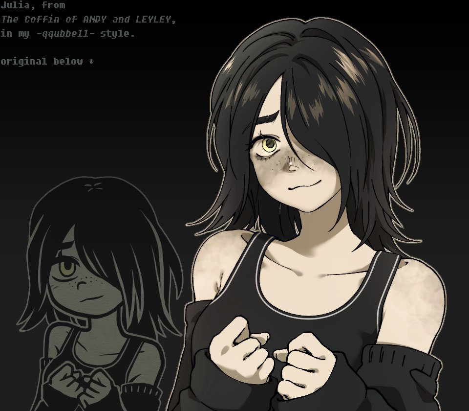 1girl, bare_shoulders, black_background, black_hair, freckles, jersey, julia_(the_coffin_of_andy_and_leyley), light_smile