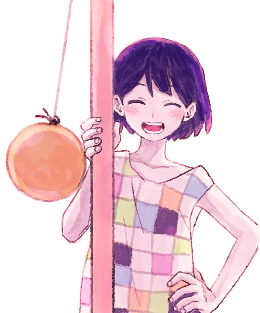1boy, ball, blush, closed_eyes, collarbone, colored_skin, hand_on_own_hip, highres, kel_(headspace)_(omori), kel_(omori), okawari_(58o_mawari), omori, open_mouth, purple_hair, short_hair, simple_background, smile, solo, teeth, tongue, upper_body, white_background, white_skin