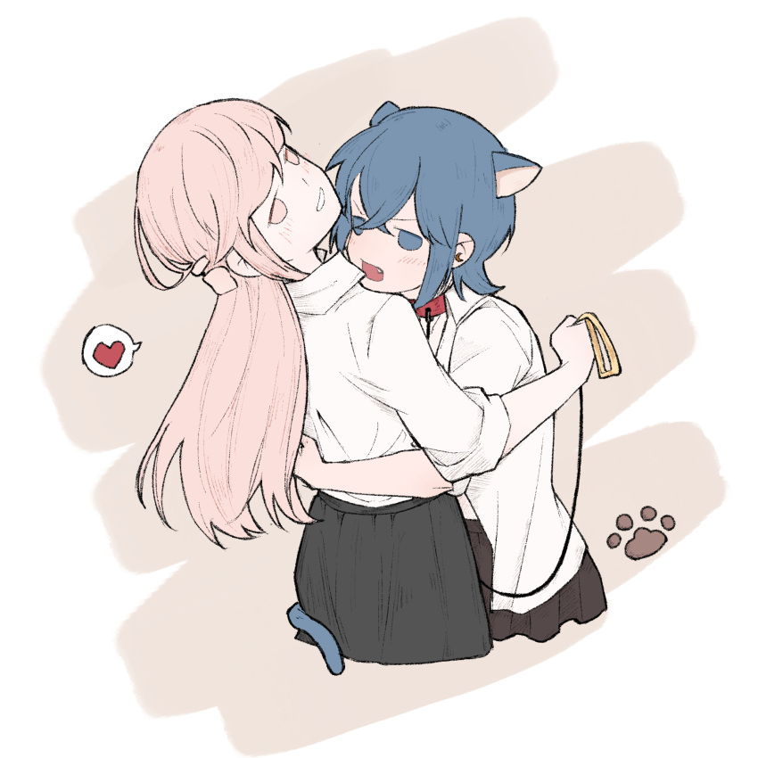 2girls, animal_ears, asahina_yuni, black_skirt, blue_eyes, blue_hair, blush, cat_ears