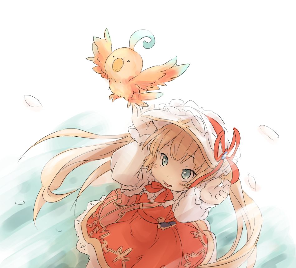 1girl, animal, bag, bird, blonde_hair, blue_eyes, bonnet, bow