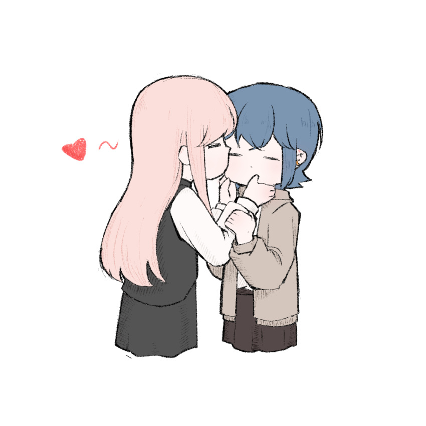 2girls, asahina_yuni, black_skirt, black_vest, blue_hair, brown_jacket, brown_skirt, cheating_(relationship)
